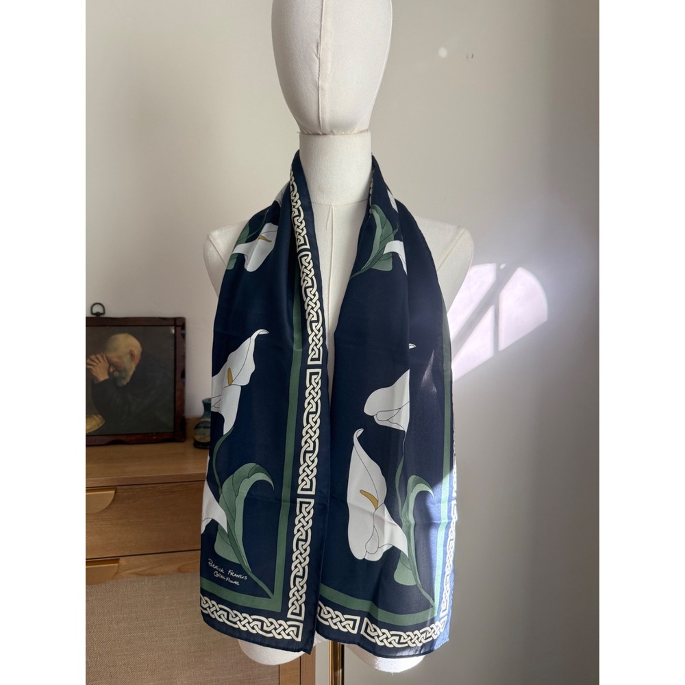 Patrick Francis Celtic Flower Silk Scarf | Navy Cream‎ Green | 52"L 12"W